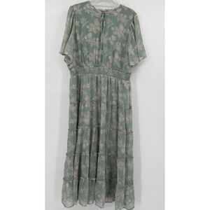Womens Cottagecore Maxi Dress Green Tiered XL Smocked Waist Boho Prairie Peasant